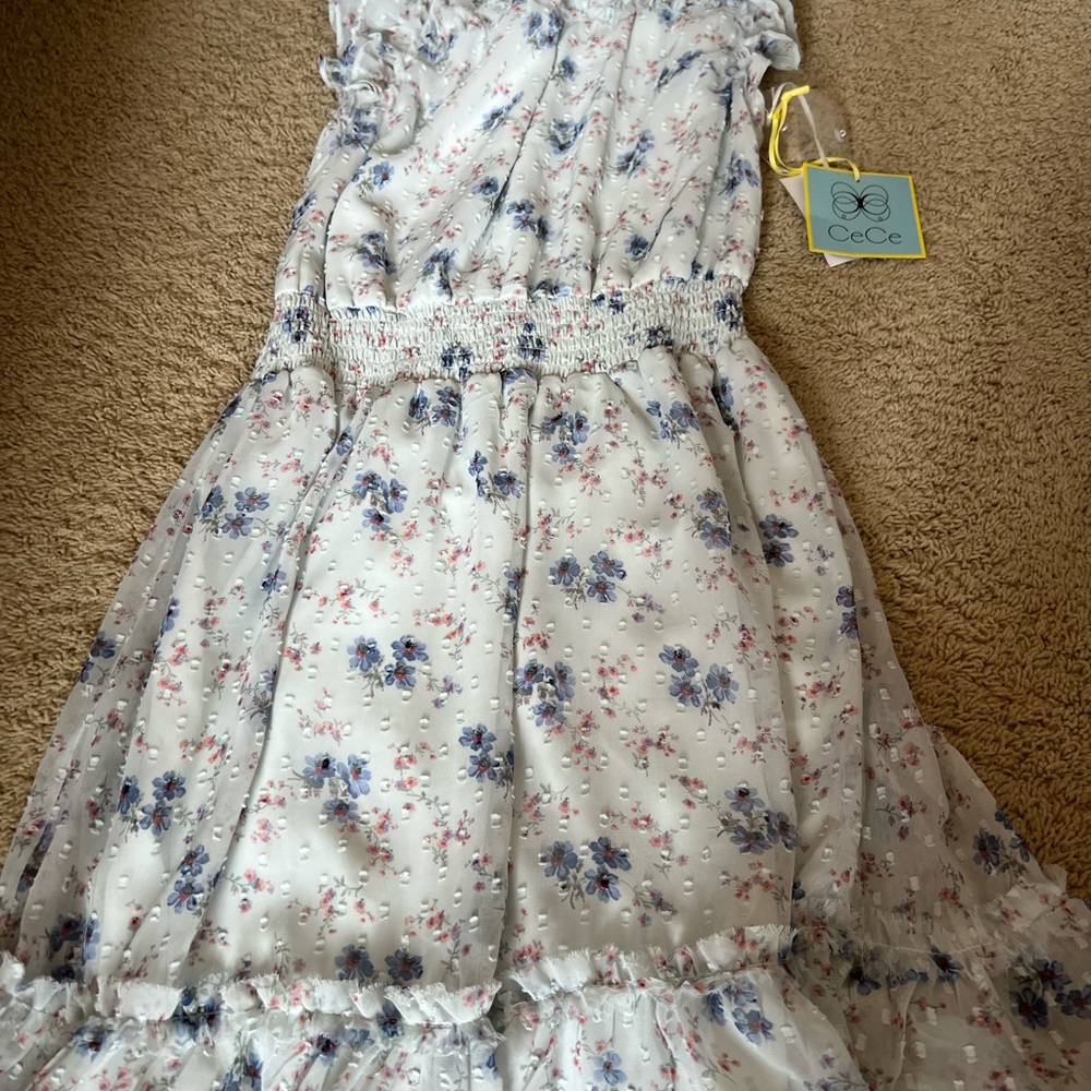 Nordstrom CeCe White Floral Ruffle Dress with Blue & Pink Accents